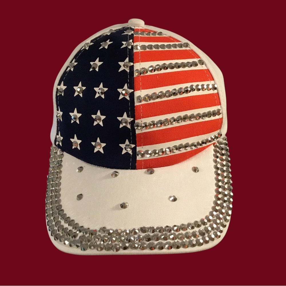Women’s American Flag Sequin Baseball Cap - White, Red, Blue. Great for holidays